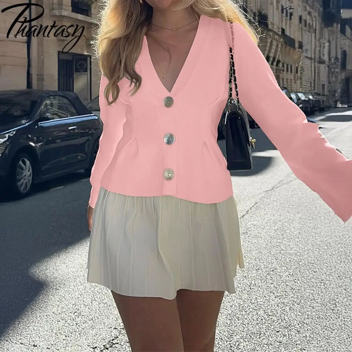 

Phantasy New Elegant Temperament Button Long Sleeved Sweater Autumn Winter V-Neck Loose Knit Jacket Cardigan Women's Clothing