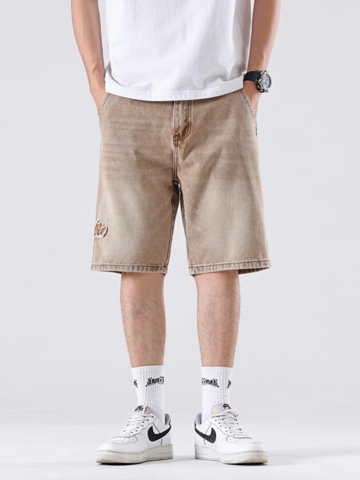 

Мужские джинсовые шорты в американском ретро-стиле, повседневные, свободного прямого кроя, с вышивкой и нашивками, средней посадки, летние, свободного кроя