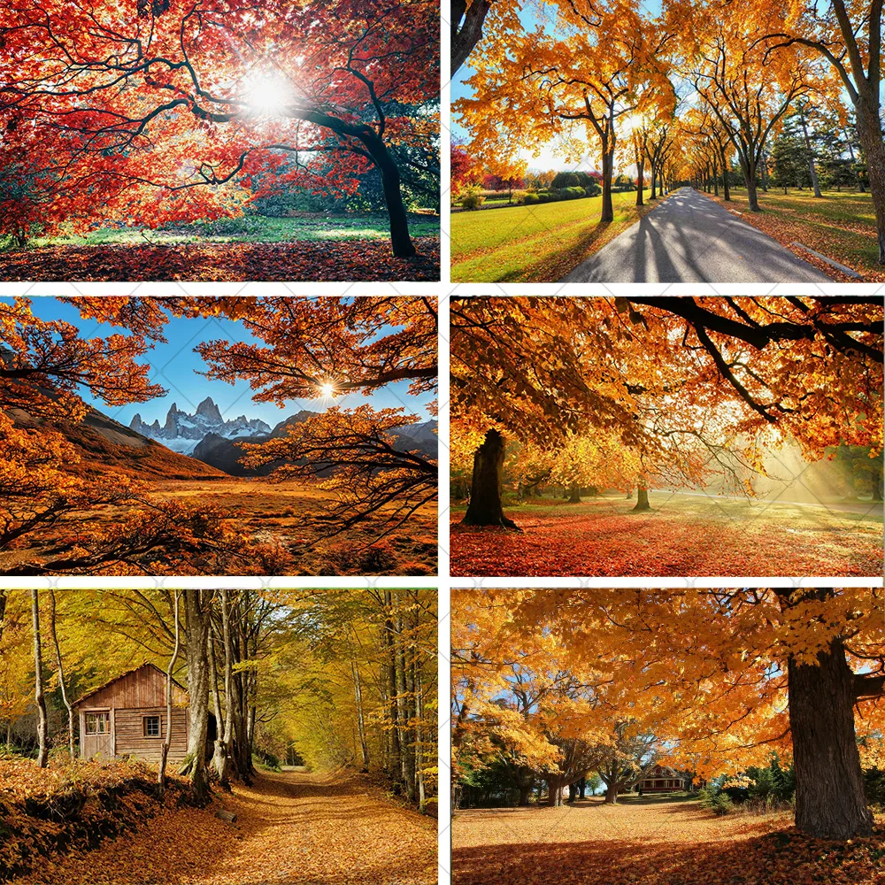 

Autumn Forest Nature Scenery Backdrop Red Tree mountain Party Decor Fall Portrait Photography Background Supplies Shoot Props