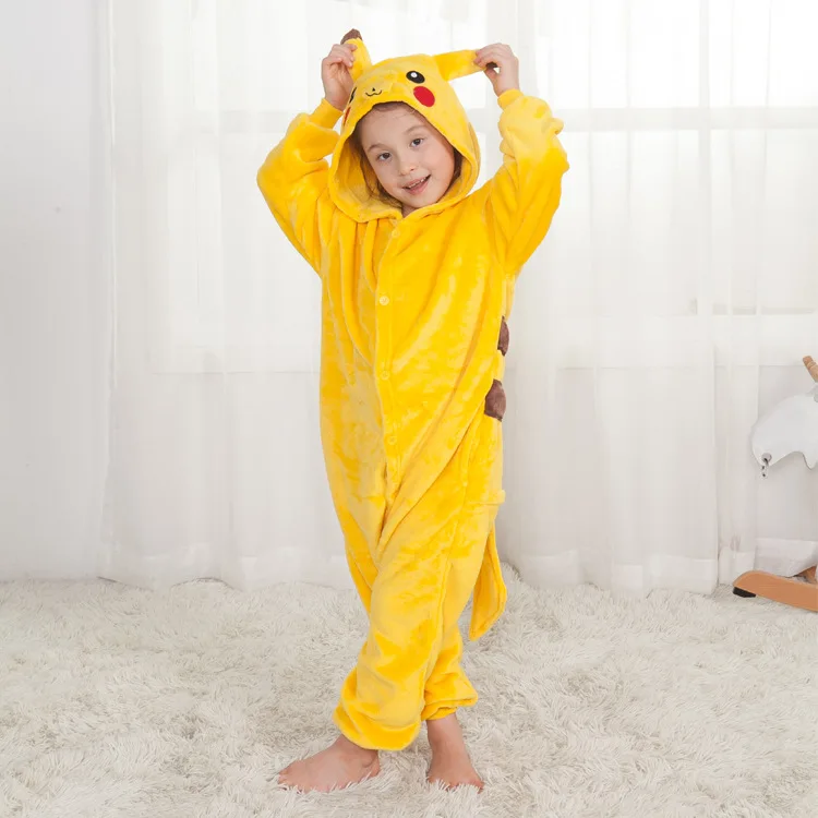 Pokemon Pikachu Pajamas Adult Kids Warm Flannel Hooded Anime Sleepwear Winter Gift