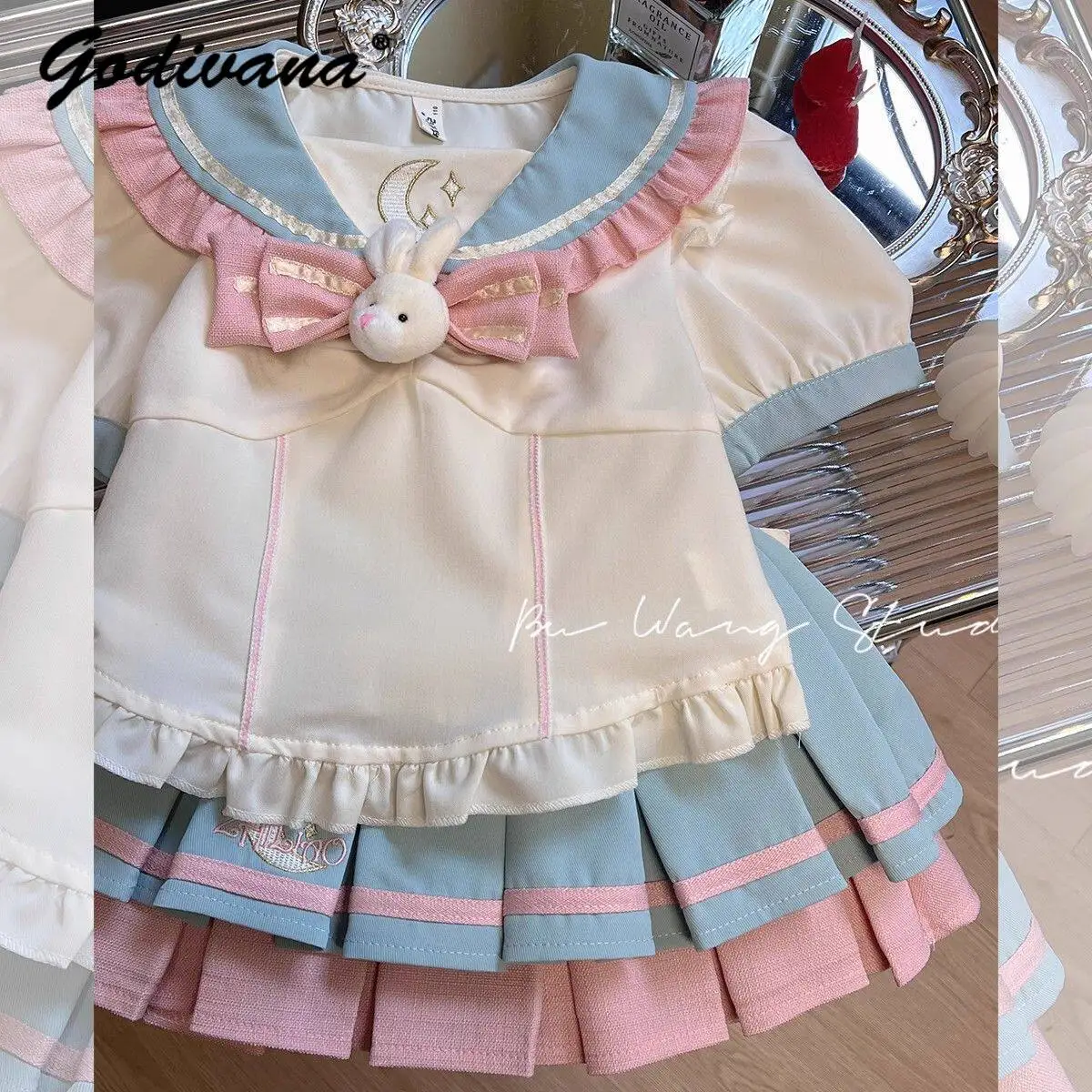 Little Girls Summer 2026 New Japanese Cute Princess Jk Uniform Kids Puff Sleeve Ruffle Trim Blouse and Pleated Skirt 2pcs Set