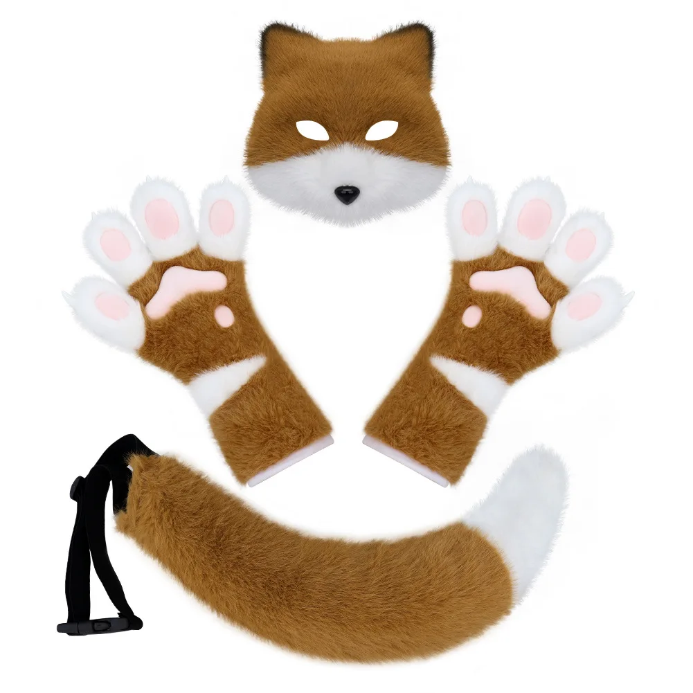 Plush Fox Mask with Color Matching Long Gloves Halloween Cosplay Beast Tail Set - Soft Animal Ear Headband And Tail Accessories