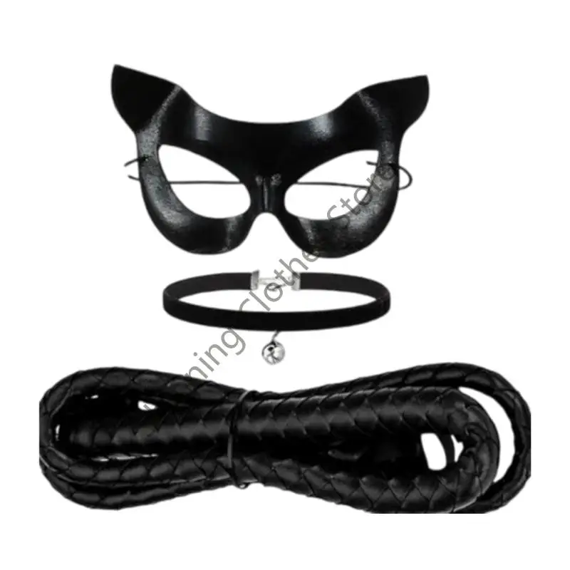 

M68A 3Pcs Black Cats Costume Cats Face Mask Masquerades Mask,Bells Choker Whip for Dressing Up Party Cosplay Halloween Costumes