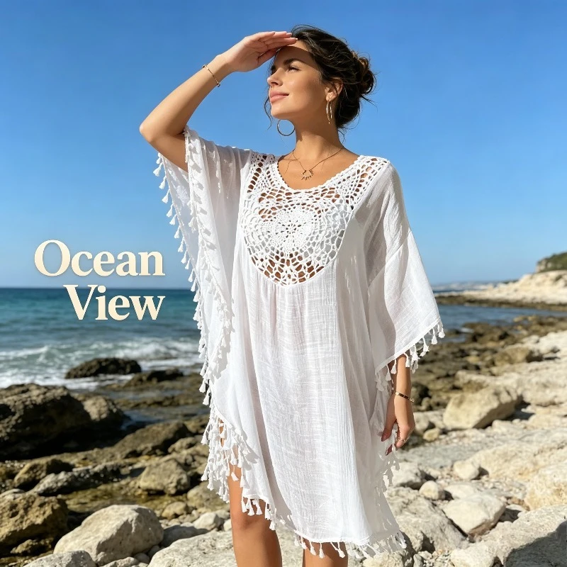

Новое пляжное платье-накидка с кружевной отделкой, бахромой и пэчворком для защиты от солнца, для женщин