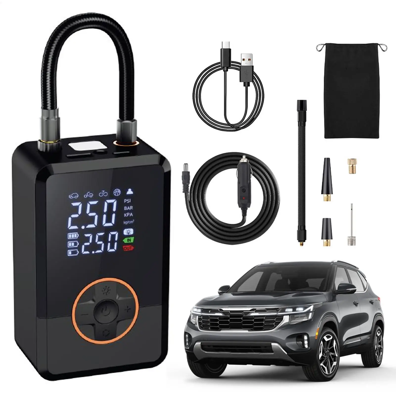 Air Compressor Portable 130 PSI Portable LED Tire Inflator Motorcycle Air Pump For Car Bike Auto Truck Road Outdoor Balloon Ball