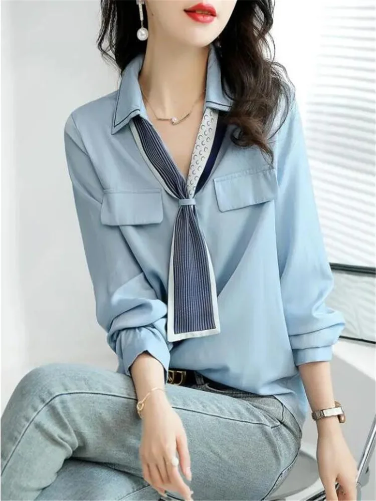 Scarf Shirt for Women Blouses New Long Sleeve V-Neck Top Office Ladies Pullover Fashion Women Clothes Blouse Ribbon Female Shirt