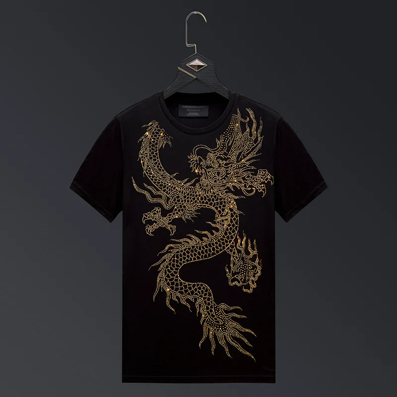 Chinese Dragon Rhinestones T Shirts Men Summer Clothes Fashion Streetwear O Neck Short Sleeve Thin Cool Elastic Cotton T-shirts