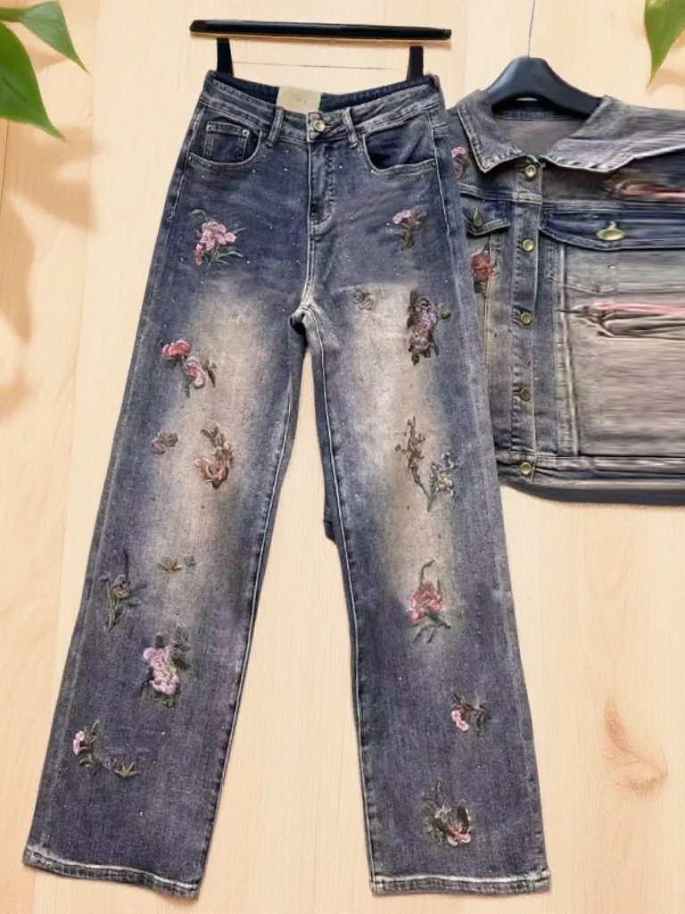 

Faionable Embroidered Rhinestone Denim Pants High Waist Wide Leg Casual Sle Spring Season Plant Floral Pattern Adult Women