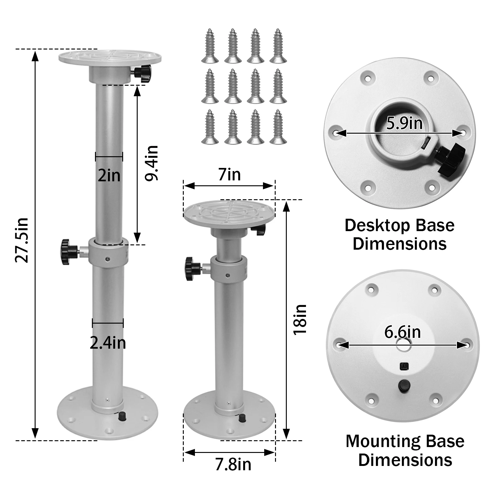Adjustable Aluminum RV Leg, Detachable Base, Height 17.8-27.2 Inches, Suitable for RV, Campervan, Boat and Yacht Tabletops.