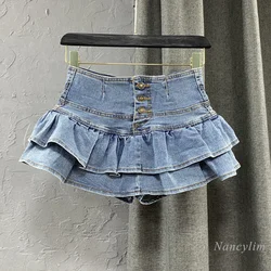 High Waist Single-Breasted Ruffles Cake Denim Skirt Woman 2023 Spring Summer New Bubble Jeans Skirts Girls Students Fit Stretch