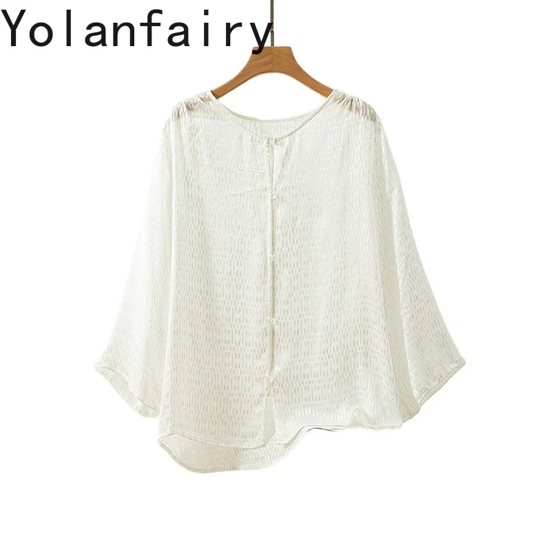 

YOLANFAIRY 100% Real Mulberry Silk White Shirt Breathable Sun-proof Top Summer Cardigan V-neck Loose Shirts Woman Clothing 여름 셔츠