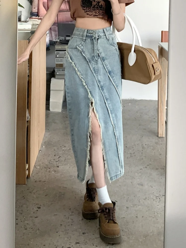 

Новая модная джинсовая юбка средней длины с высокой талией, женская одежда, весенне-осенняя сексуальная юбка трапециевидной формы нестандартной формы с разрезом