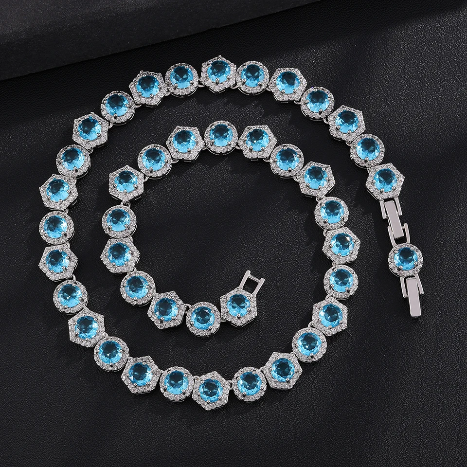 Luxuriöse Halo-Rund-CZ-Tennis-Ketten-Halskette für Damen, mehrfarbige Kristall-Hexagon-Rahmen-Gliederkette, Bankett-Modeschmuck – Detail 9