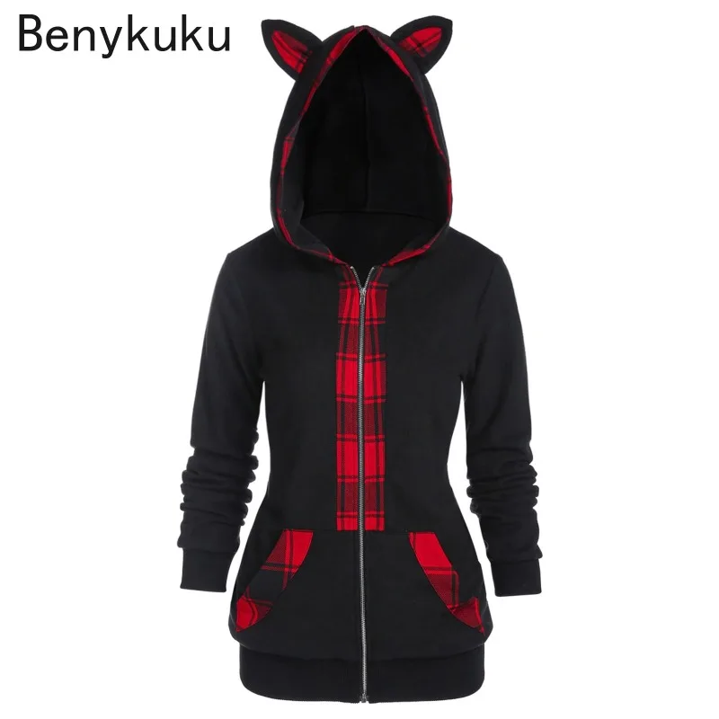 Women Long Sleeve Hoodies Kawaii Cat Ears Hooded Gothic Punk Harajuku Gothic Black Plaid Sweatshirts 2024 Aumnt Winter Coat