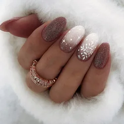 24 pezzi gradiente medio corto unghie finte per incollare fiocco di neve Glitter dolci di natale suggerimenti per la stampa finta sulle unghie Set con colla