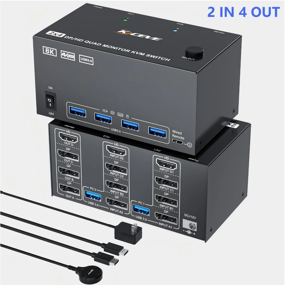 

NEW 8K/4K Triple Monitor KVM Switch 4/3 Monitors 2 Computers,2 Port Four Monitors Displayport 1.4 + HDMI 2.1 USB 3.0 KVM Switch