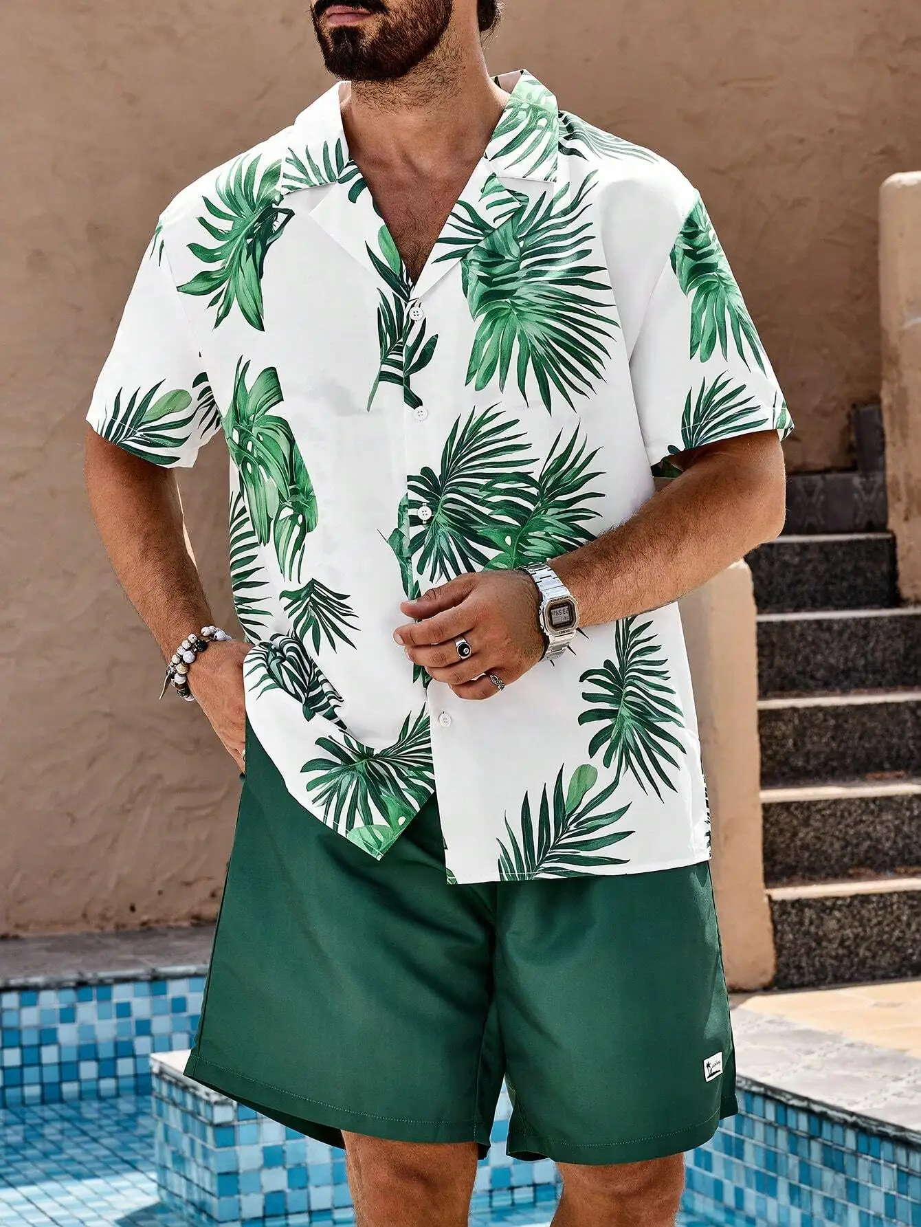 Men's Hawaiian Shirt And Shorts Set With Tropical Leaf Print Beach Outfit