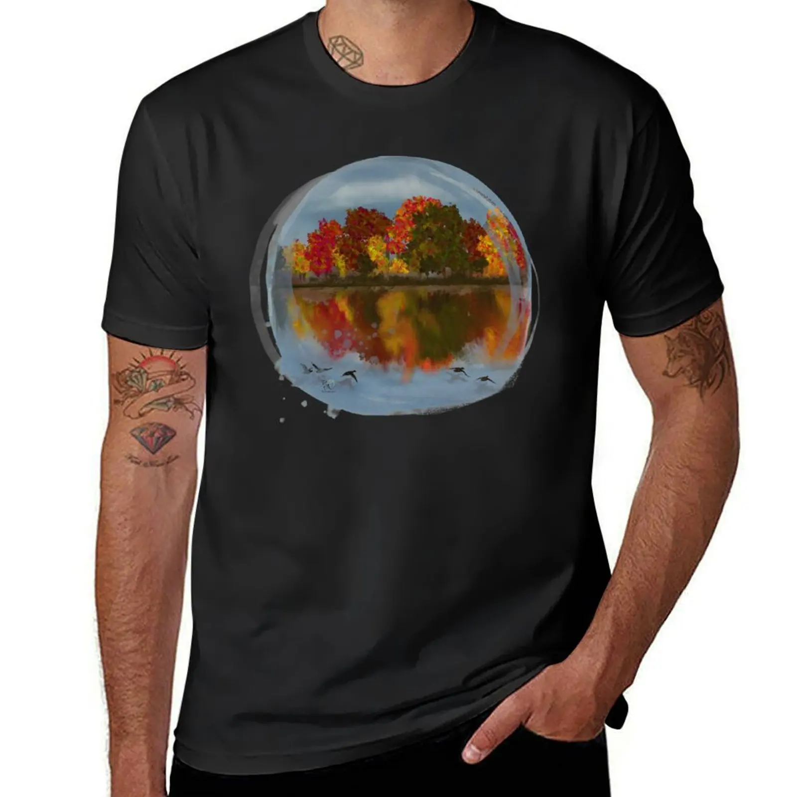 Autumn Days - Watching The Ducks Fly Over The Water - Original Art Painting T-Shirt customs design your own tops mens t shirts