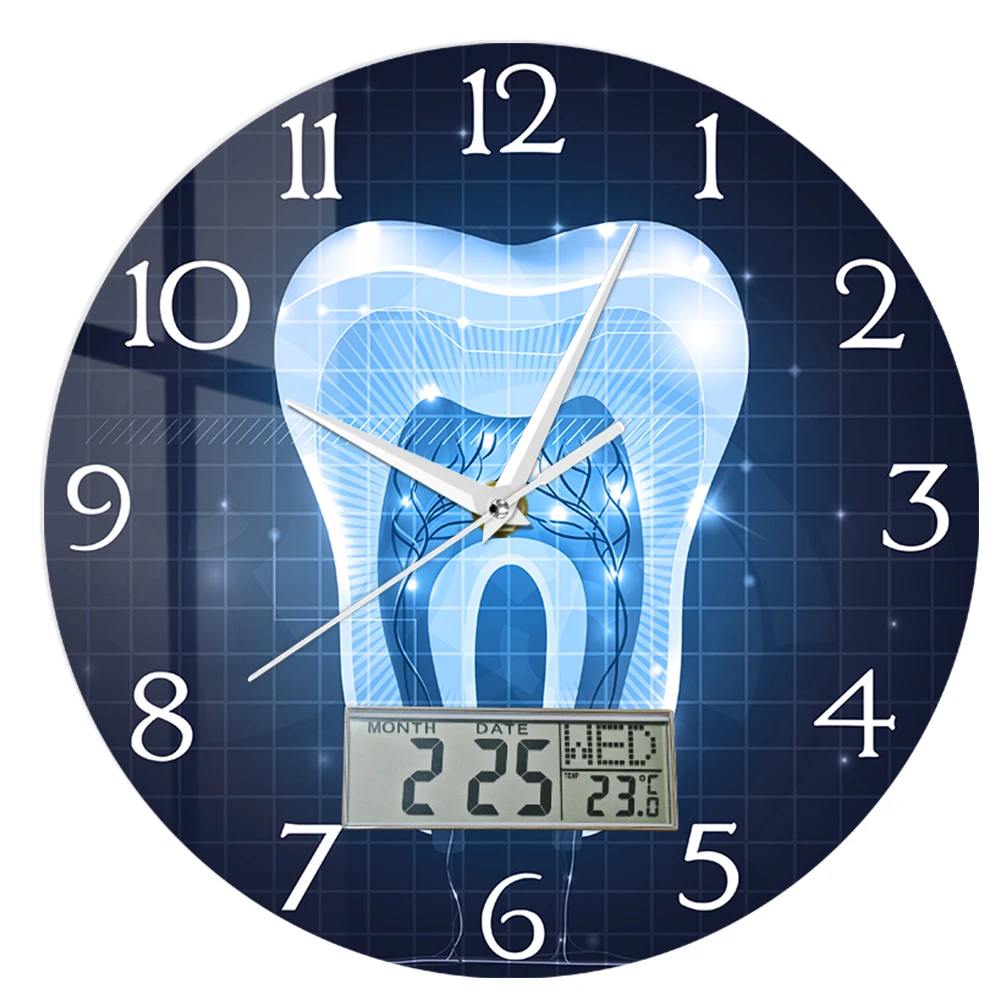 Dental Anatomy Wall Clock with LCD Calendar Thermometer Teeth Structure Decorative Hygienists Clock for Dentist Office Clinic
