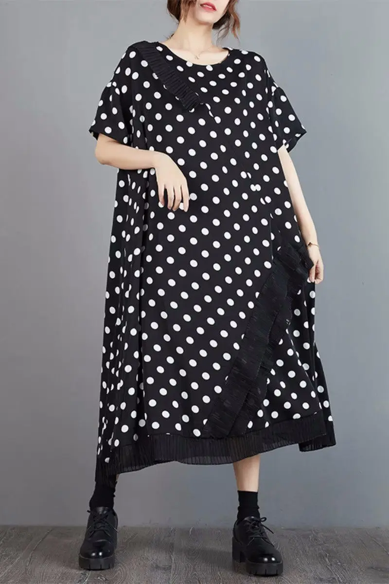 Vintage Stijl Panel Lace Dot Gedrukt Lange Jurk 2023 Zomer Nieuwe Losse Slanke Zwarte Jurk Korte Mouw Vrouwen Casual Kleding z837