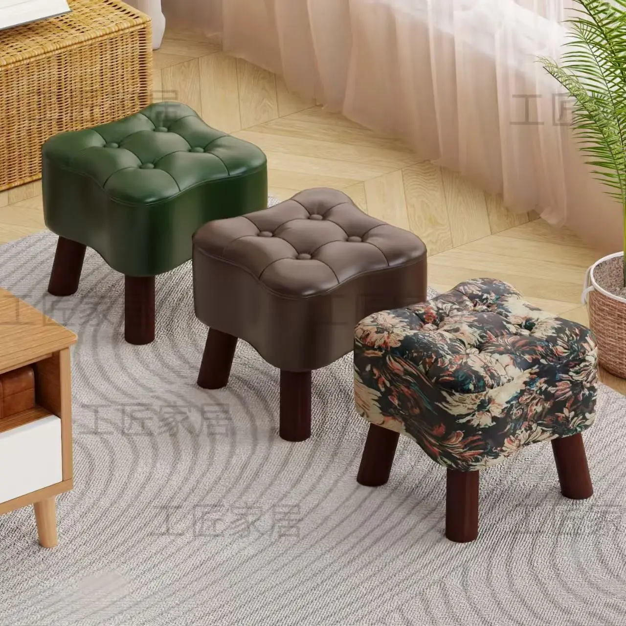 Soft-padded ottoman stool - perfect for home, entryway, living room, or as a small wooden bench next to your sofa