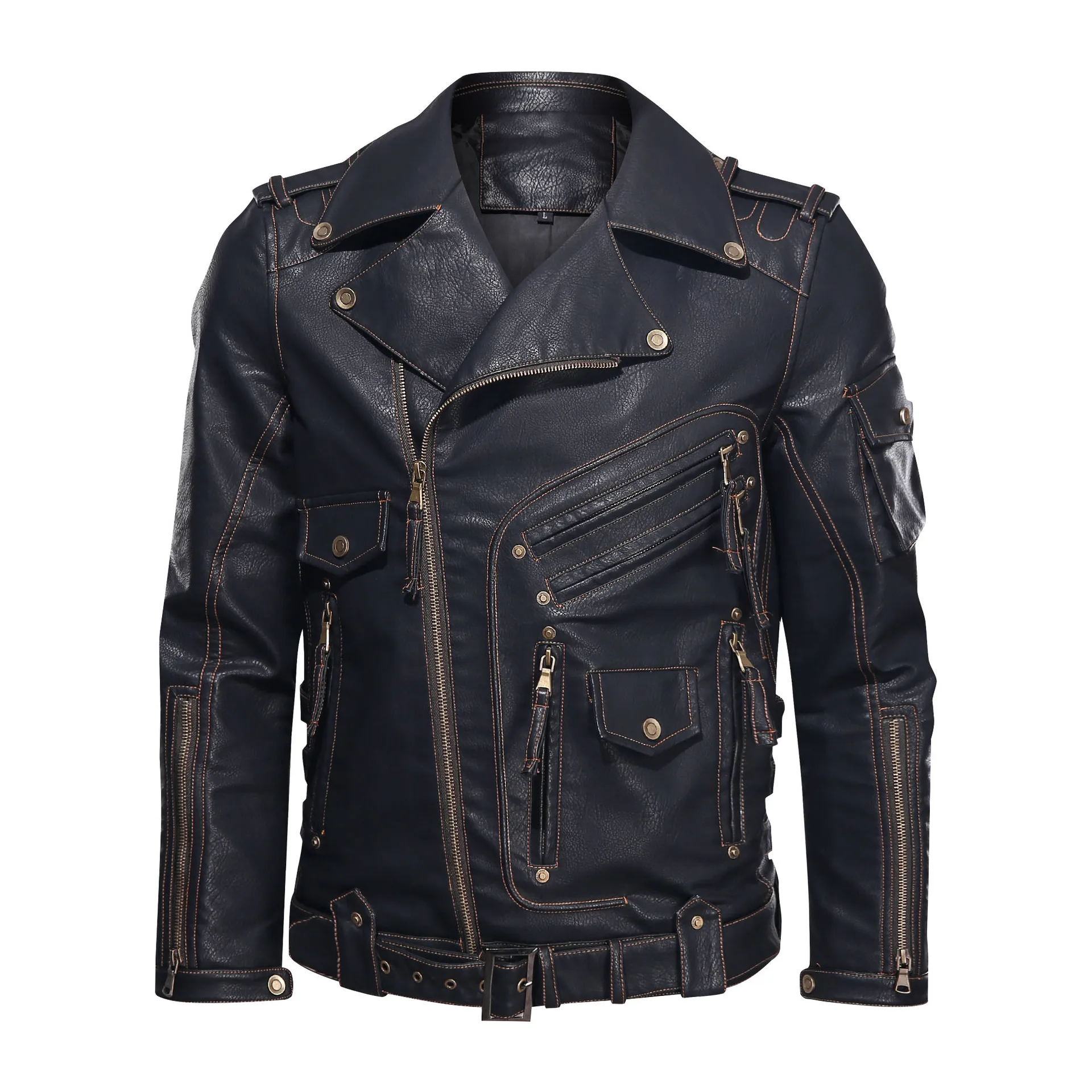 

American European New Fashion Men's Solid Color Turn-down Collar Long Sleeve Casual Trendy PU Jackets Male Clothes Coats Tops