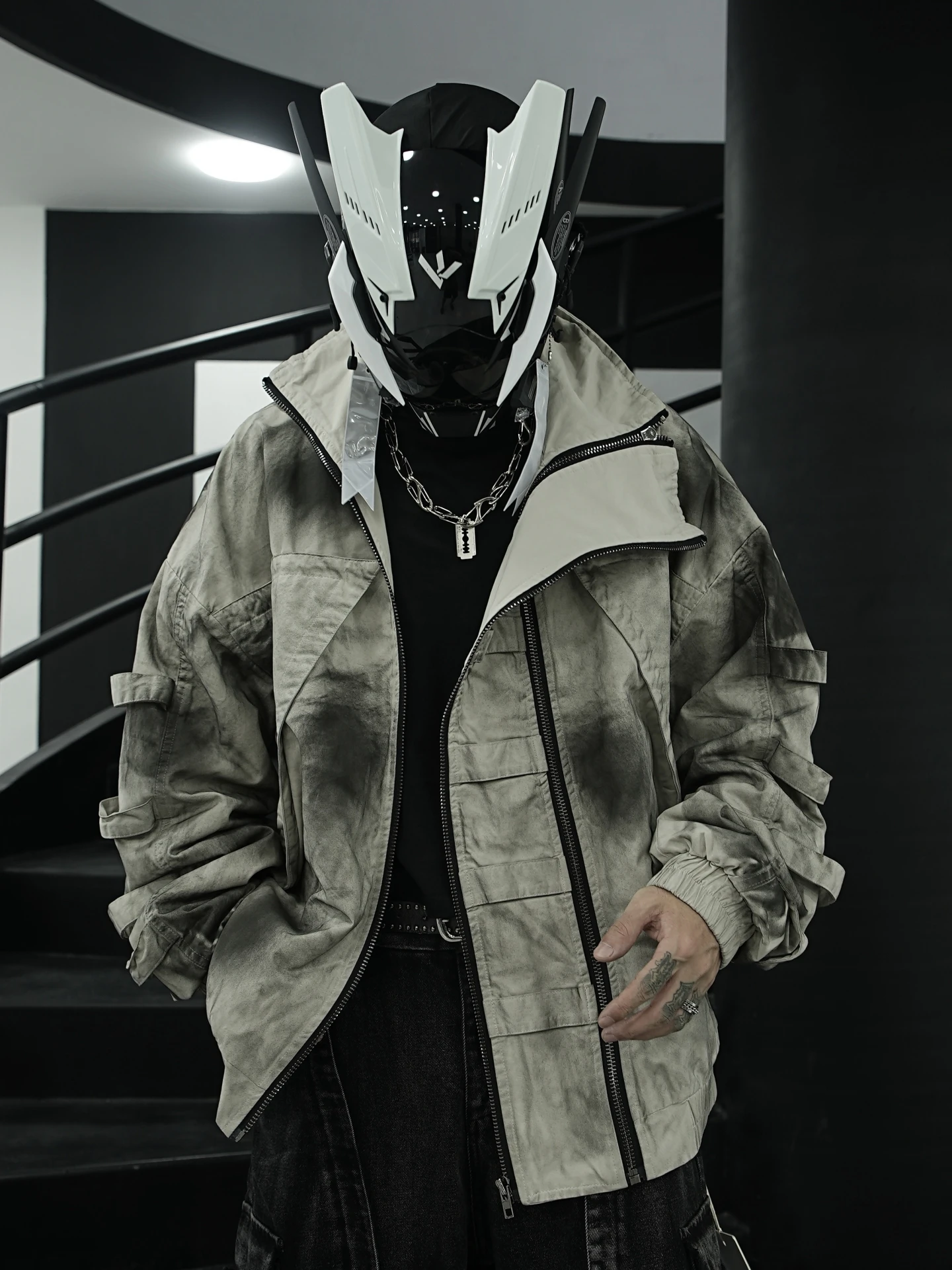 Double Zipper Removable Cotton-Padded Coat Waste Soil Wind Dirty Dyed Old Dark Deconstruction Heavy Industry Jacket Flight