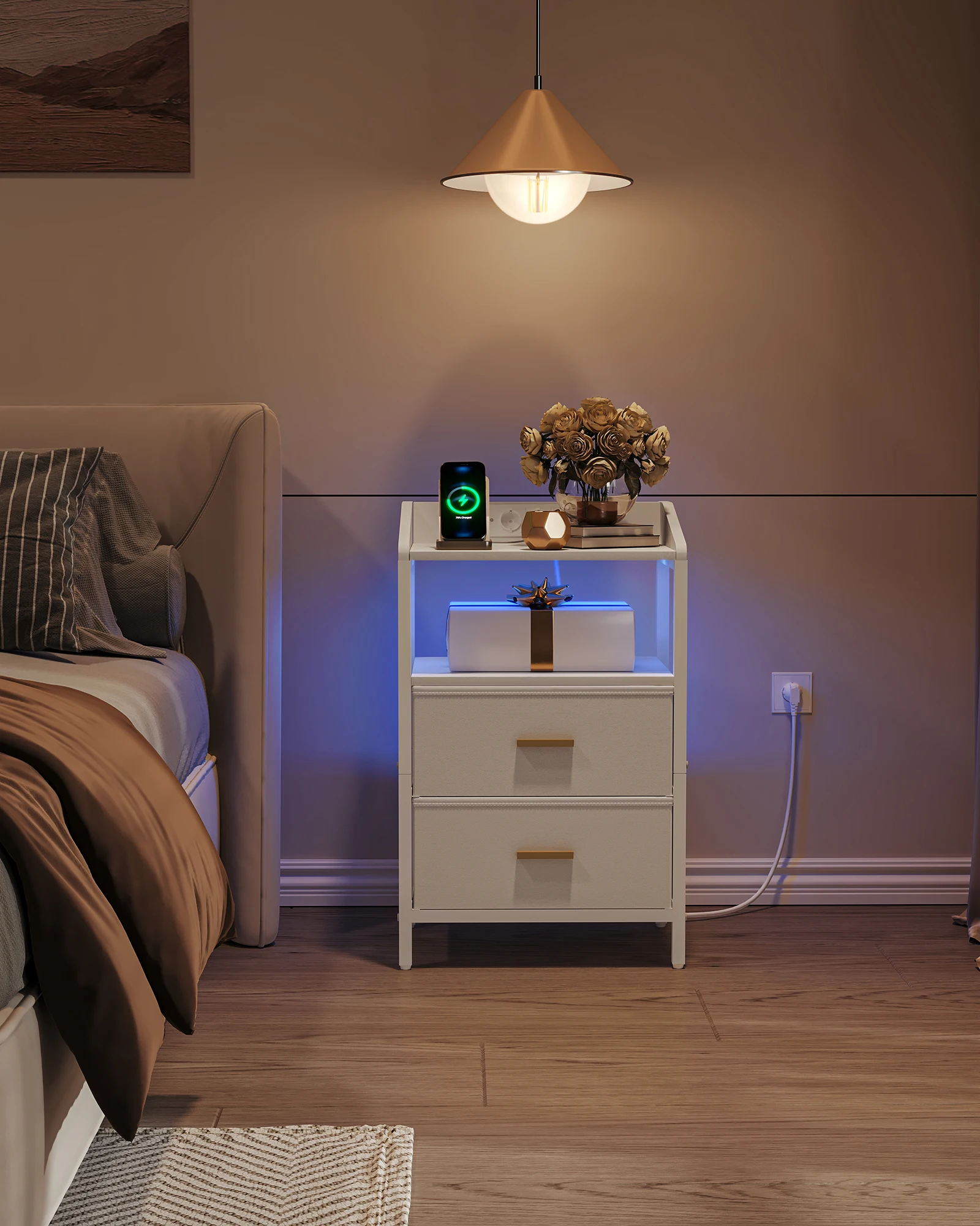 Table de chevet avec lumières LED et station de recharge, avec 2 tiroirs de rangement en tissu, table de chevet avec ports USB et TypeC