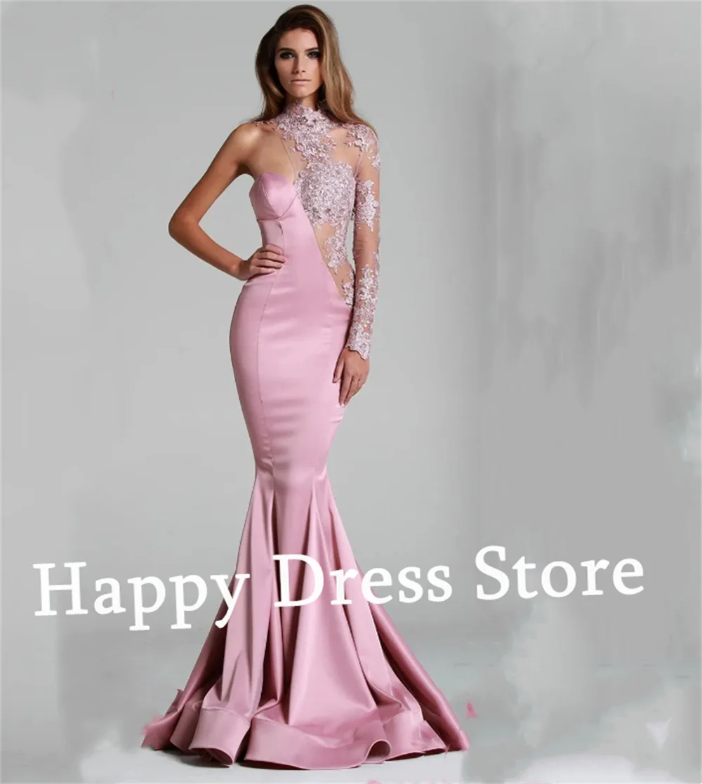 Vestido de noche Rosa romántico personalizado para mujer, vestido de un hombro, Apliques de encaje, sirena, satén, Formal, fiesta, nuevo, 2024