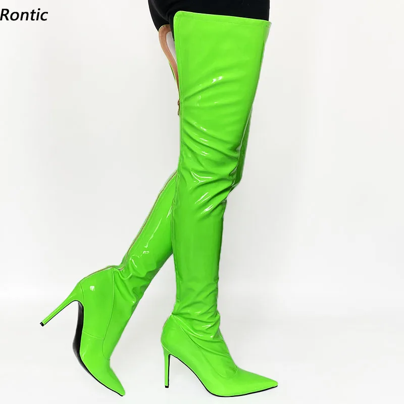 

Rontic женские весенние длинные ботинки с блестящей лакированной молнией сзади на шпильке с острым носком, великолепные красные, синие туфли для косплея, размер США 5-15