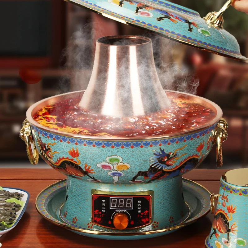 Cloisonne Electric Charcoal Dual-purpose Copper Hot Pots Chinese Plug-in Copper Pot Pure Copper Hotpot Old Beijing Chafing Dish