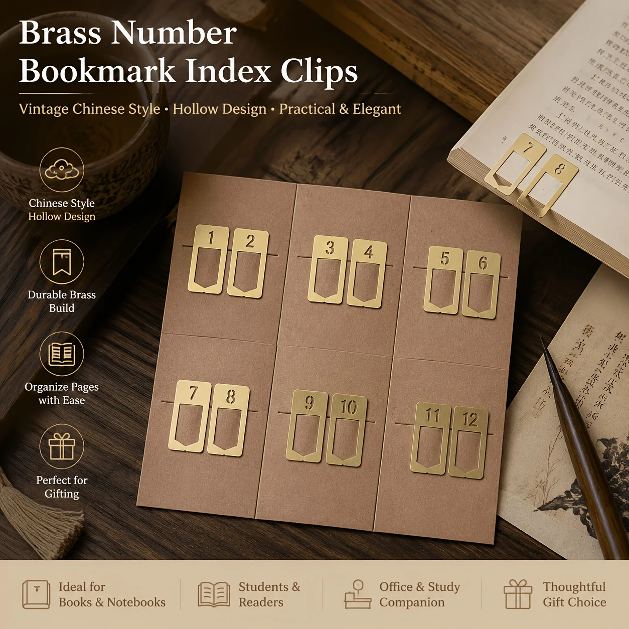 Fromthenon Vintage Metal Number Bookmarks 1-12 Monthly Index Tabs Clips Hollow Copper Clips Notebook Reading Planner Accessories