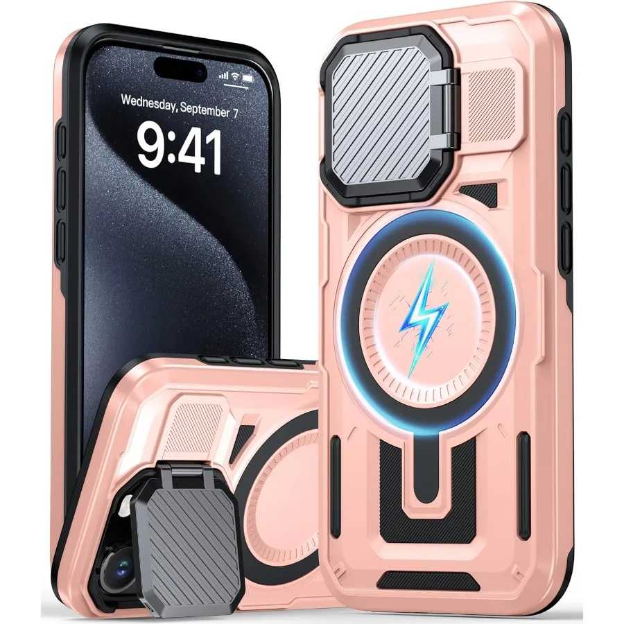 아이폰 15 프로 6.1인치용 마그네틱 폰 케이스 (카메라 커버 및 내장형 킥스탠드 포함, 군사 등급 보호 기능, 호환 가능)
