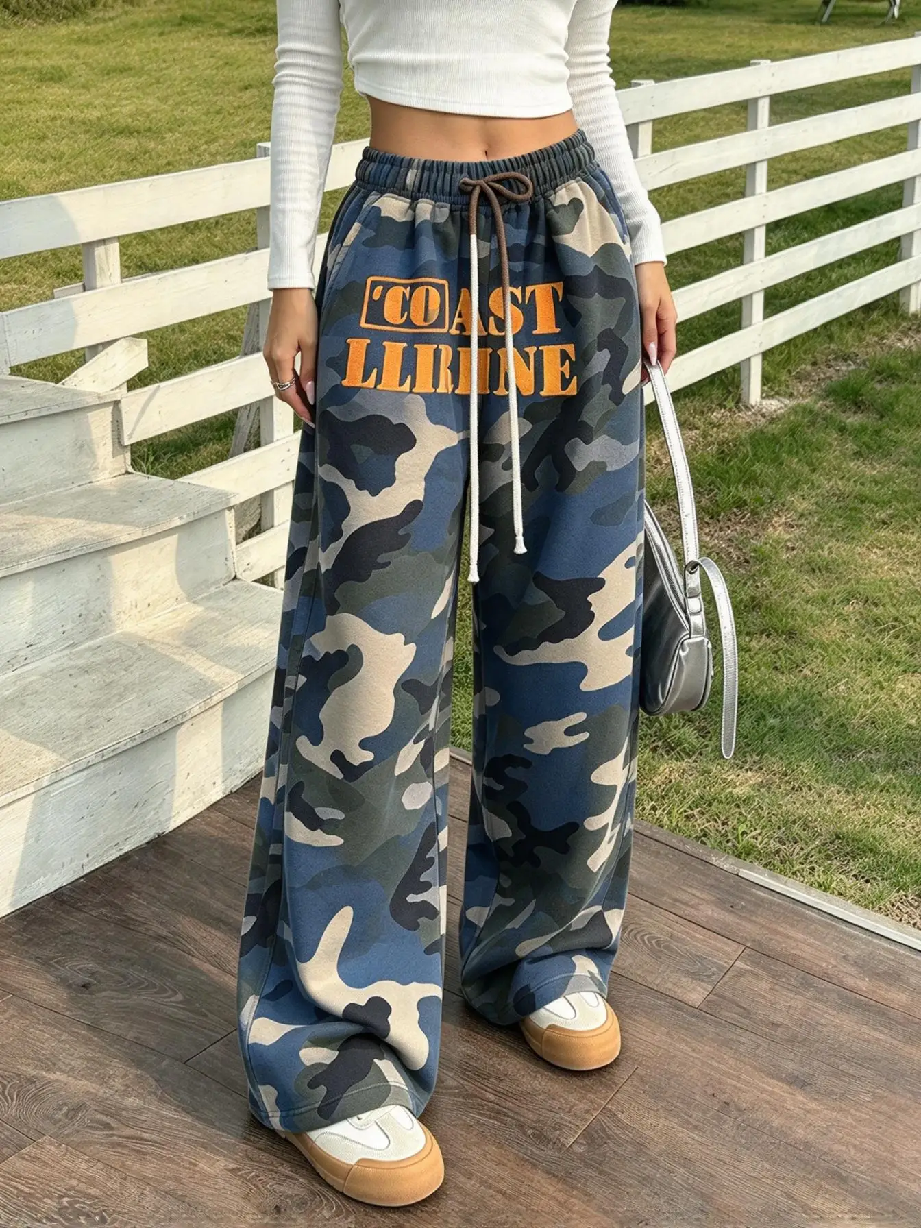 Women Low Waist Wide Leg Sweatpants Camo Faux Embroidery Letter Print Elastic Drawstring Casual Trousers With Pockets