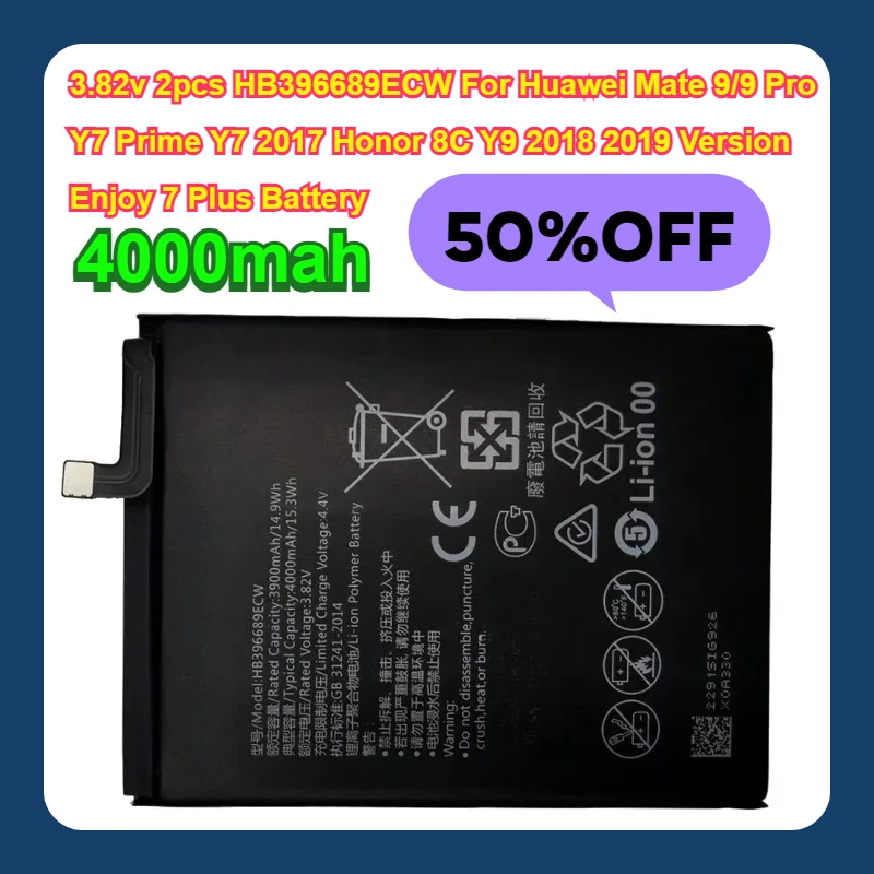 3.82v 2pcs HB396689ECW 4000mah For Huawei Mate 9/9 Pro Y7 Prime Y7 2017 Honor 8C Y9 2018 2019 Version Enjoy 7 Plus Battery