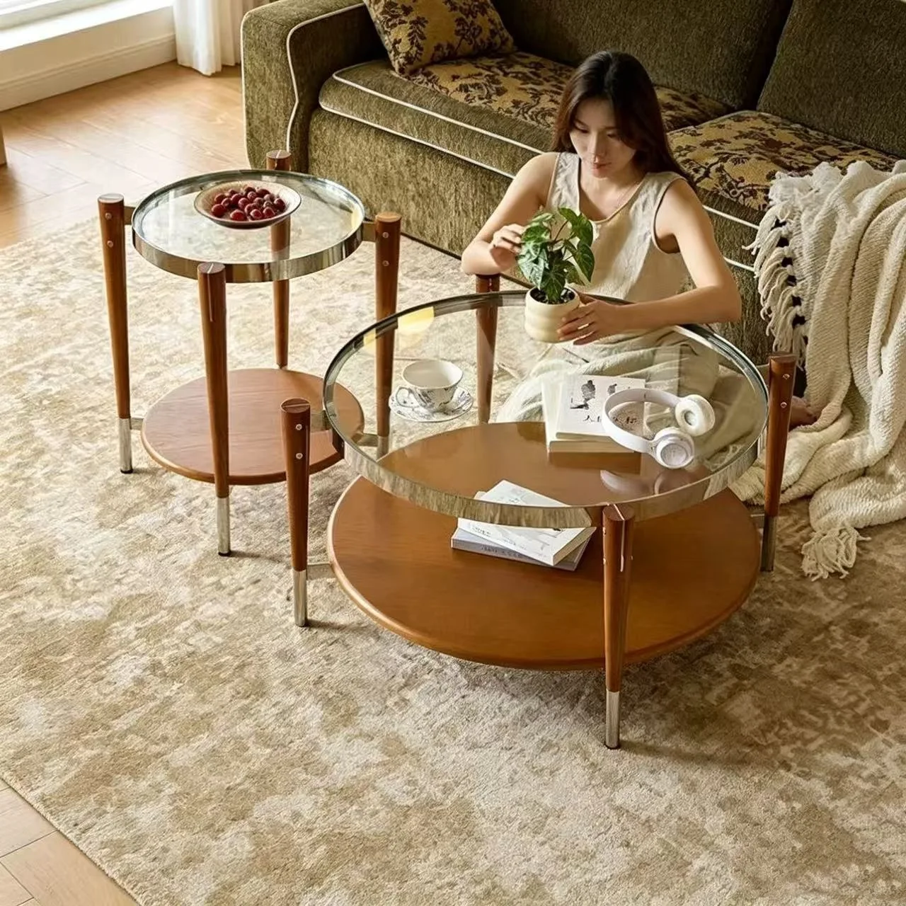Coffee table, tea table, living room, home balcony, small apartment, light luxury, high-end feel, solid wood glass, vintage styl