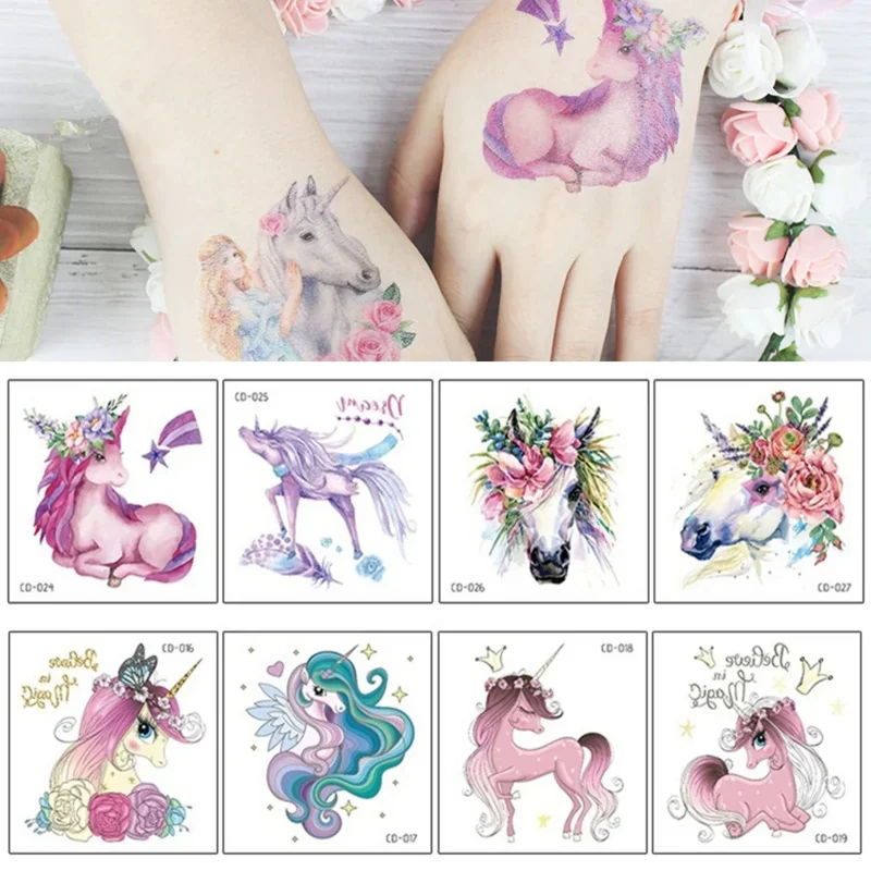 

5Pcs/Set Unicorns Tattoo Stickers Watercolor Flowers Horse Waterproof Temporary Disposable Body Art Makeup tatouage temporaire