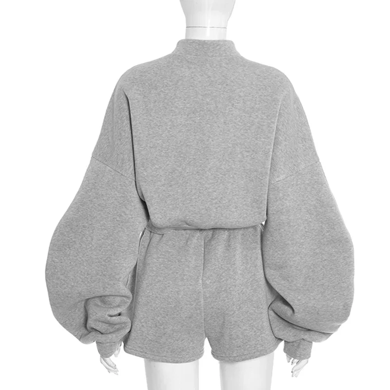 Feminino casual solto 2 peça conjunto o pescoço zíper lanterna manga longa pulôver sweatshirts topos + shorts com cordão streetwear ternos
