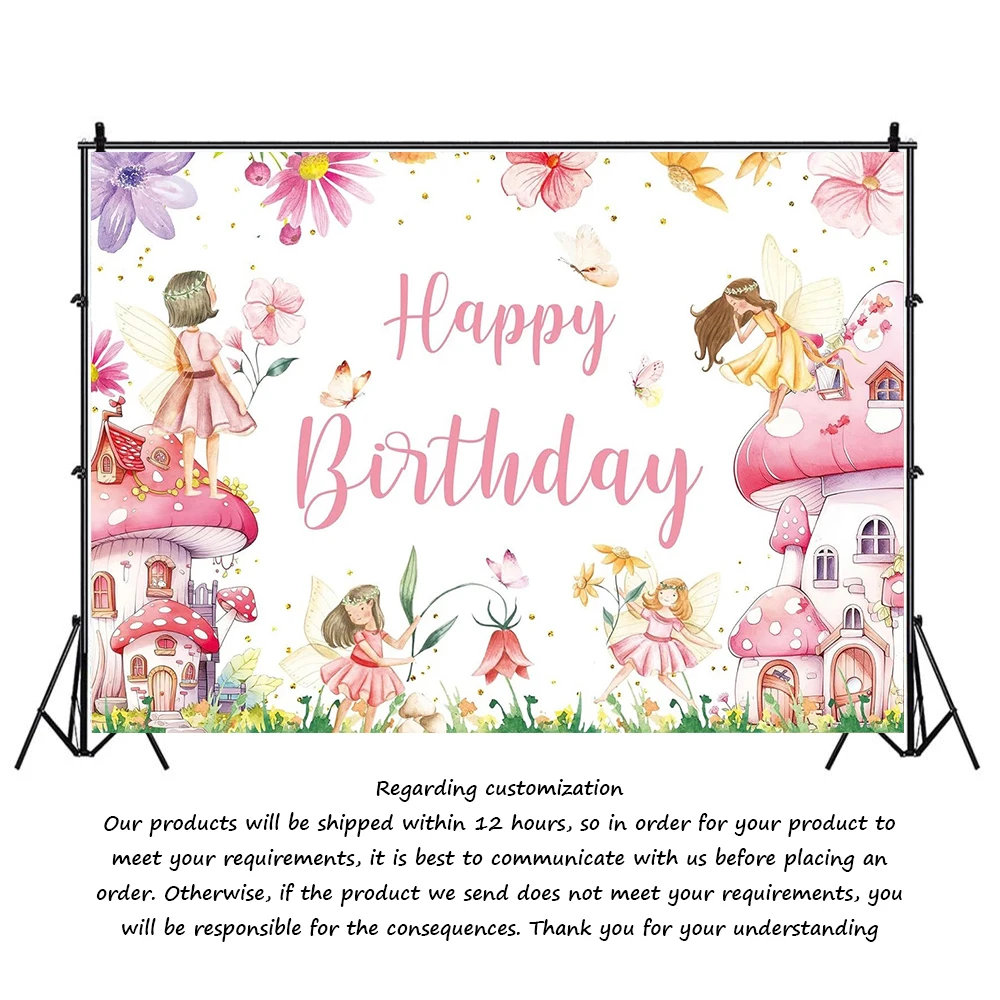 Flowers Fairy Mushroom House Elf Butterfly Fairy Tale Background Girl 1st Birthday Party Decoration Banner Baby Shower PhotoProp