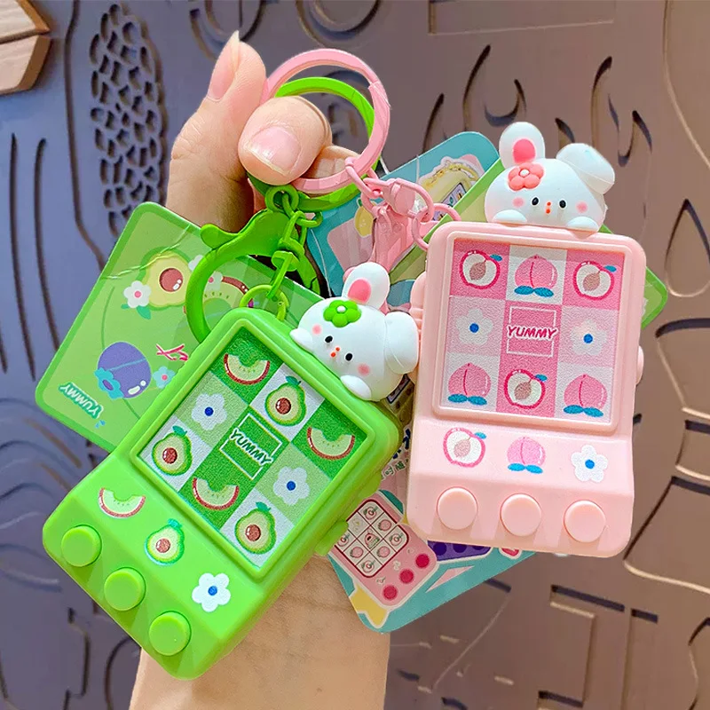 Cartoon Rabbit Fruit Machine Key Chain Creative Peach Watermelon Bunny Arcade Game Keyring Cute Bag Car Animal Pendant Keyholder