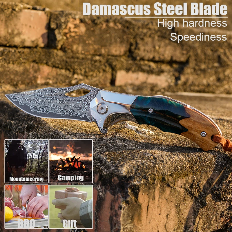 Damascus Steel Folding Knife Pocket Knife Tactical Saber Outdoor camping hunting survival knife EDC multi-function pocket knife