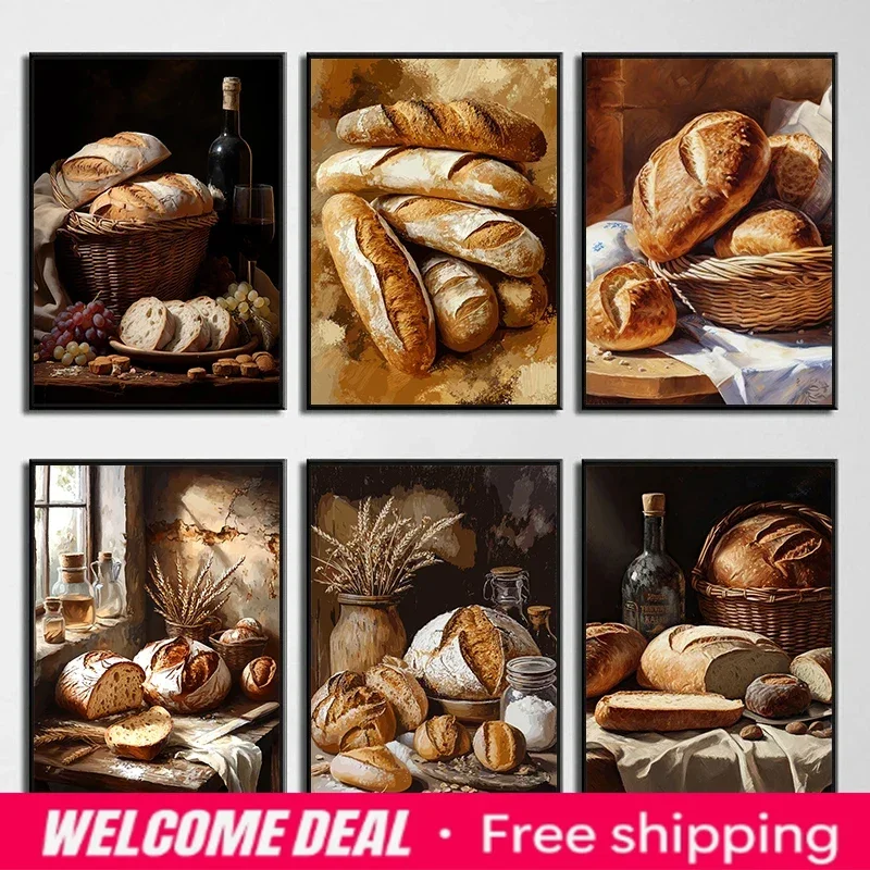 2026  Bread Still Life Vintage Poster Kitchen Food Loaves Baguettes Canvas Printing Rustic Retro Wall Art Picture Farmhouse H