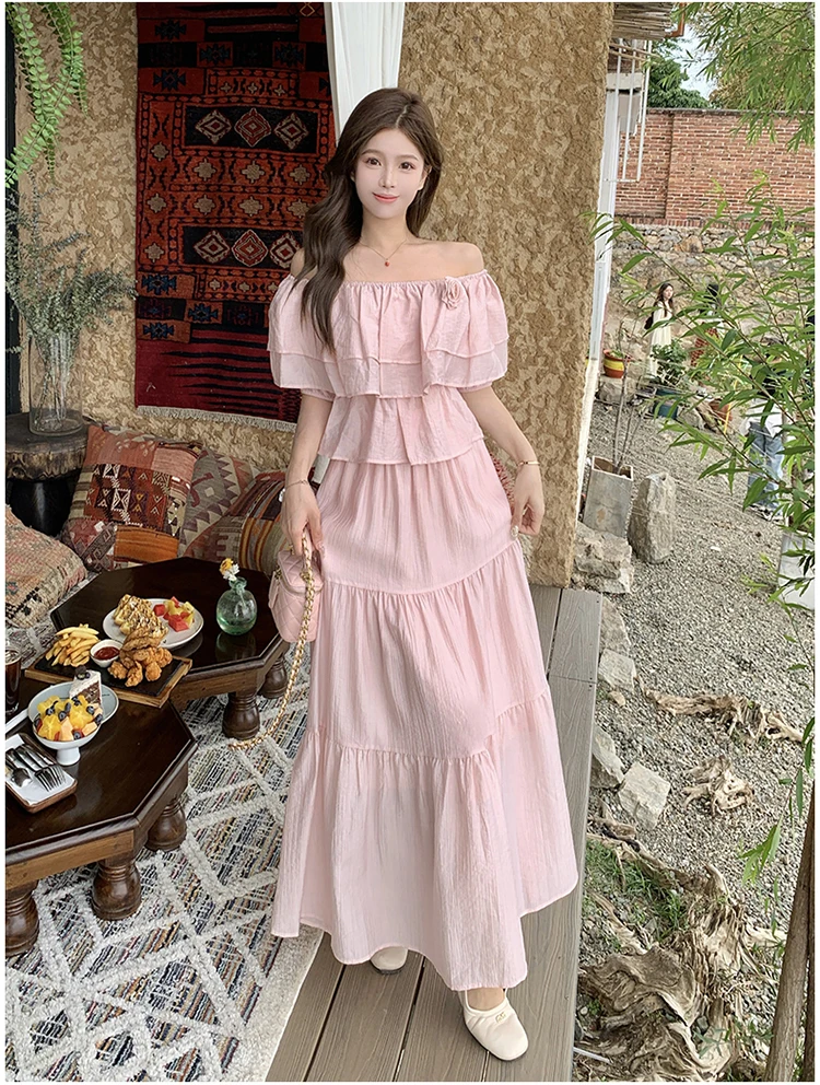 

plus Size Women's Pink Lace Trim Short Sleeve Shirt High Waist Midi Skirt Set Summer New Style Commute Korean Style Slim Fit