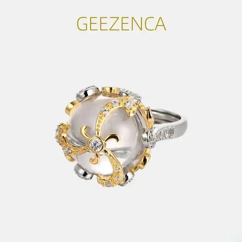 GEEZENCA 925 Sterling Silver Round White Crystal Cocktail Rings Unique 2-tone Wrap Design Resizable Big Chunky Ring