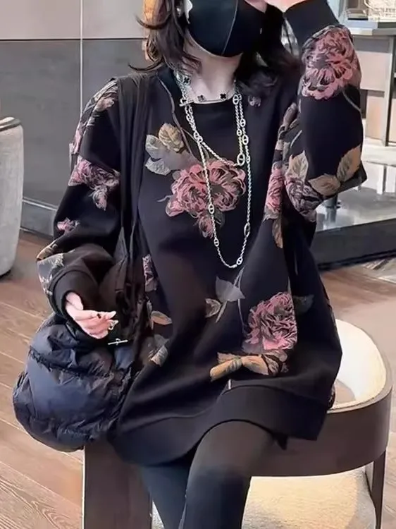 เสื้อสเวตเตอร์พิมพ์ลายทรงยาวสไตล์เรโทร ไซส์ใหญ่ 300 ปอนด์ สำหรับผู้หญิง ฤดูใบไม้ร่วง ฤดูหนาว เสื้อคลุมสไตล์เกาหลี ลายดอกไม้