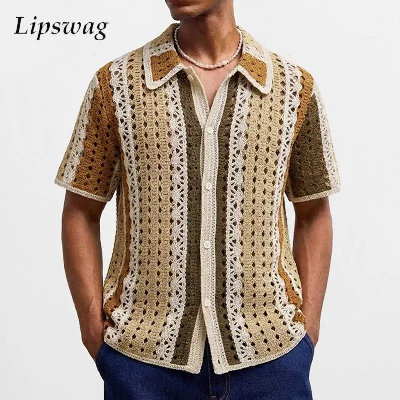 

2026 весна-лето повседневные рубашки мужские ажурные лоскутные рубашки топы мужская одежда вязаные кардиганы с отложным воротником на пуговицах