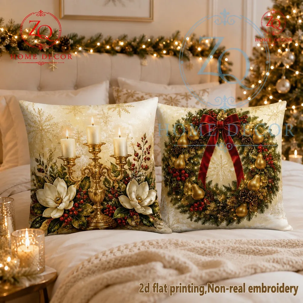 Retro Christmasthemed pillowcases in a luxurious goldbrown color scheme paired with clesticks Christmas wrehs  magnolia prints
