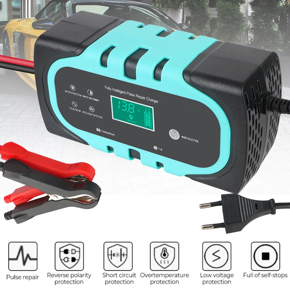 

For Motorcycle Wet Dry Lead Acid Battery Digital Display Battery Charger Pulse Repair Smart Car Battery Charger 12V 10A