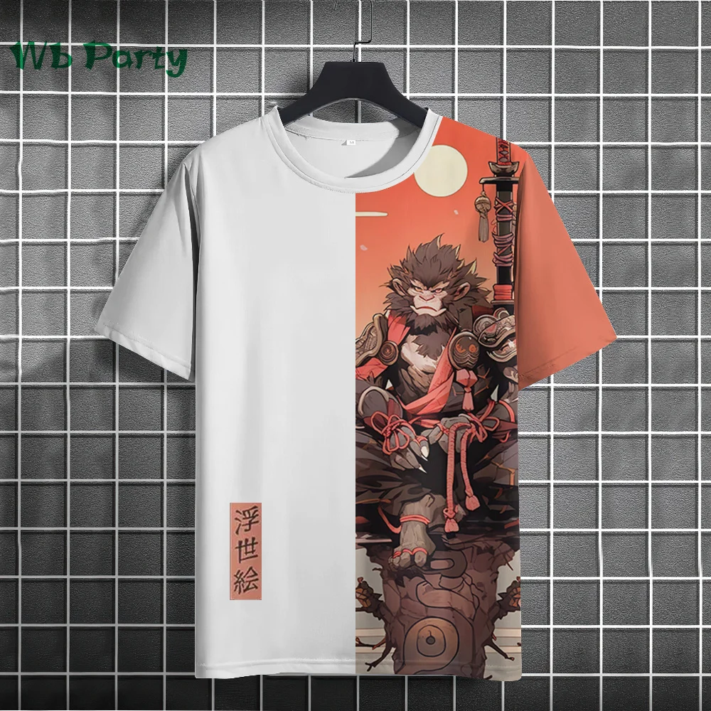 Japanese Style Ukiyo-E Printing T-shirts for Men Casual Loose Short Sleeve Tee Oversized T-shirt Cartoon Animal Men's T-shirt