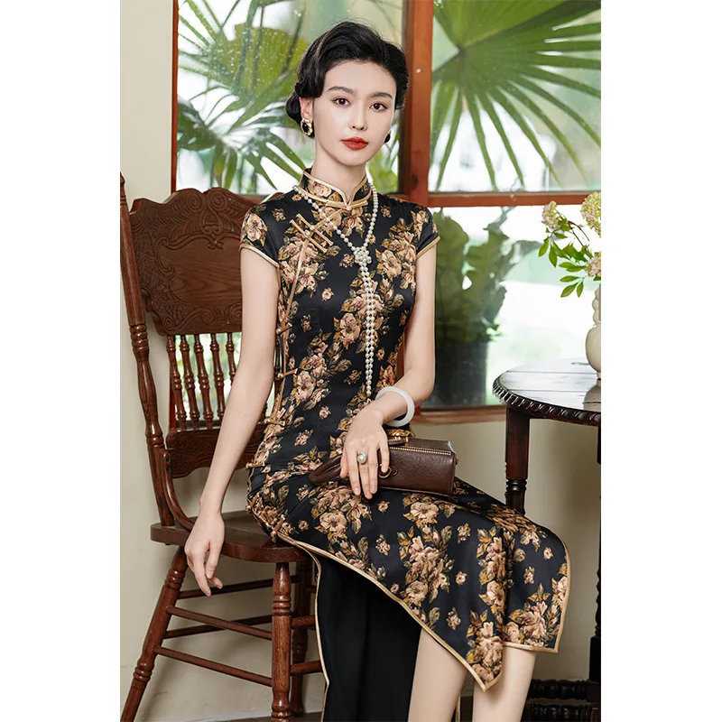 High Quality Improved Real Silk Cheongsam Qipao Long High-End Temperament Retro Old Shanghai Women's Western Style